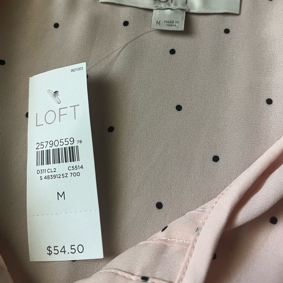 NWT LOFT Pale Pink Pleated Bow Tie Front Blouse With Black Polka Dots Sz: M - Picture 2 of 10
